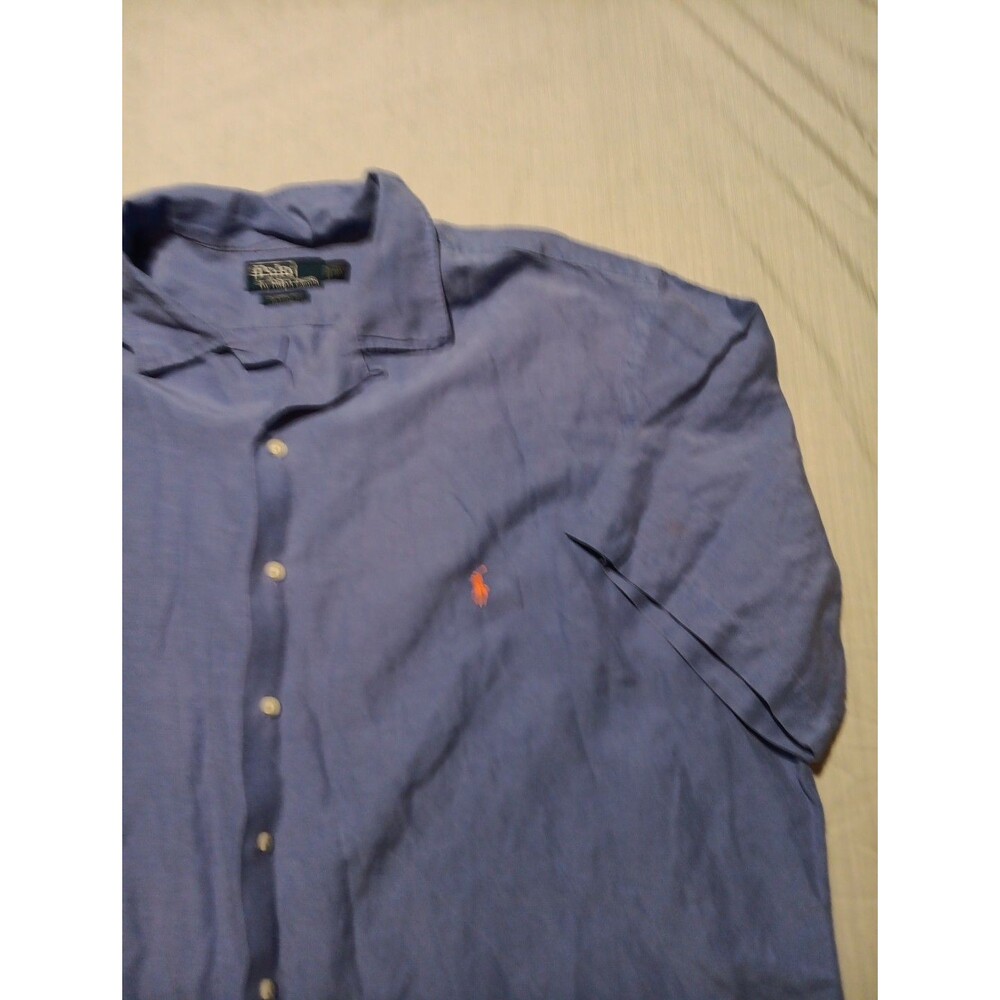 Vntg Polo Ralph Lauren Shirt Mens 2XLT Blue Linen Silk Loop Collar Camp Pony
